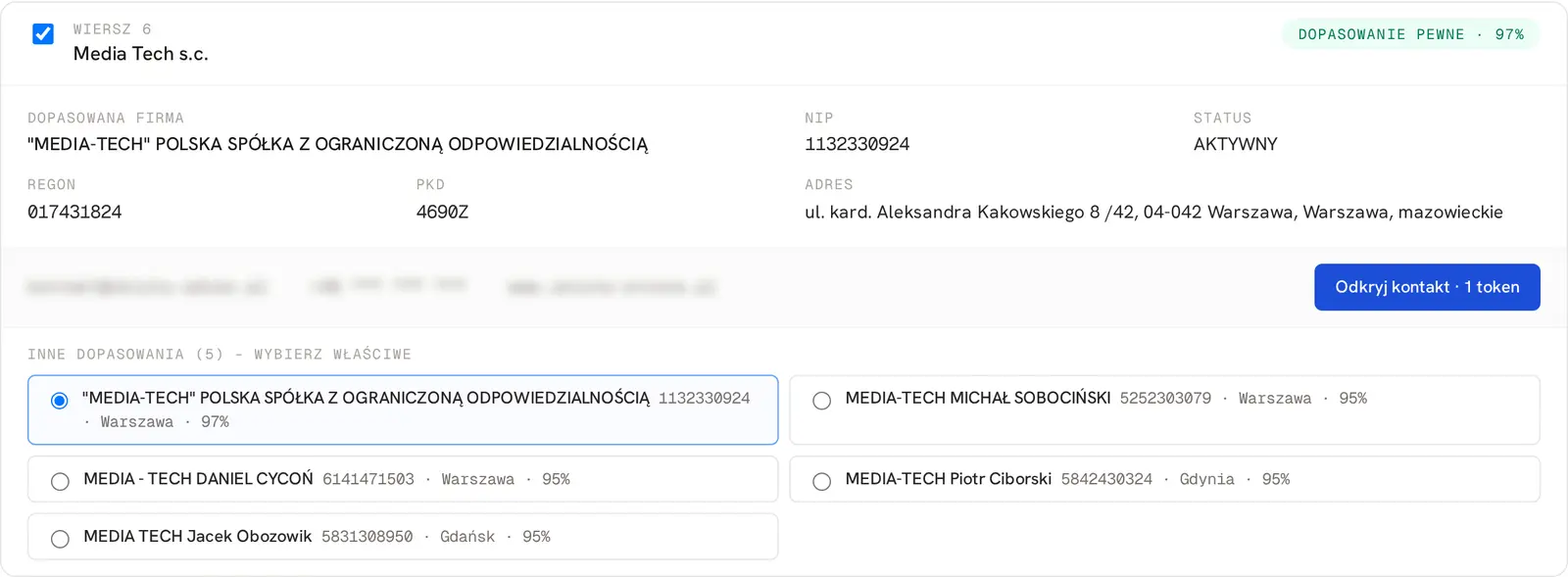 Niejednoznaczne dopasowanie dla nazwy Media Tech s.c.