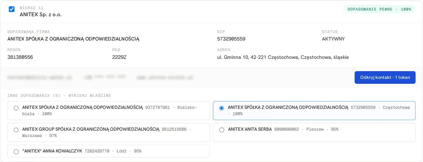 Wybrana spółka ANITEX z Częstochowy z PKD produkcji wyrobów z tworzyw