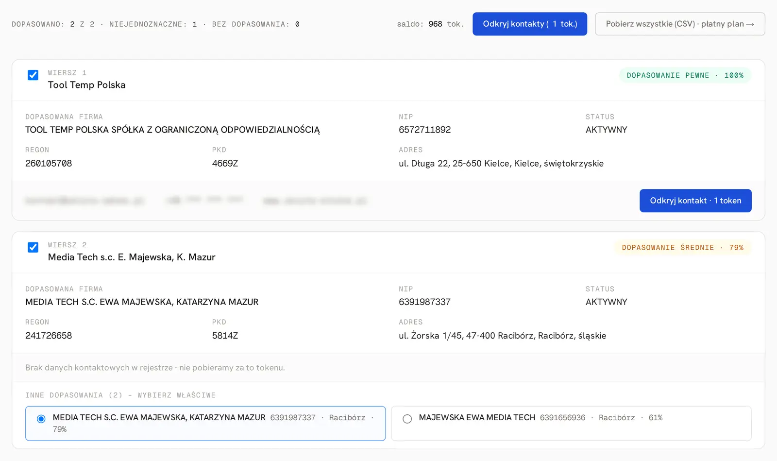 Druga runda dopasowania z poprawionymi nazwami Tool Temp Polska i Media Tech s.c.