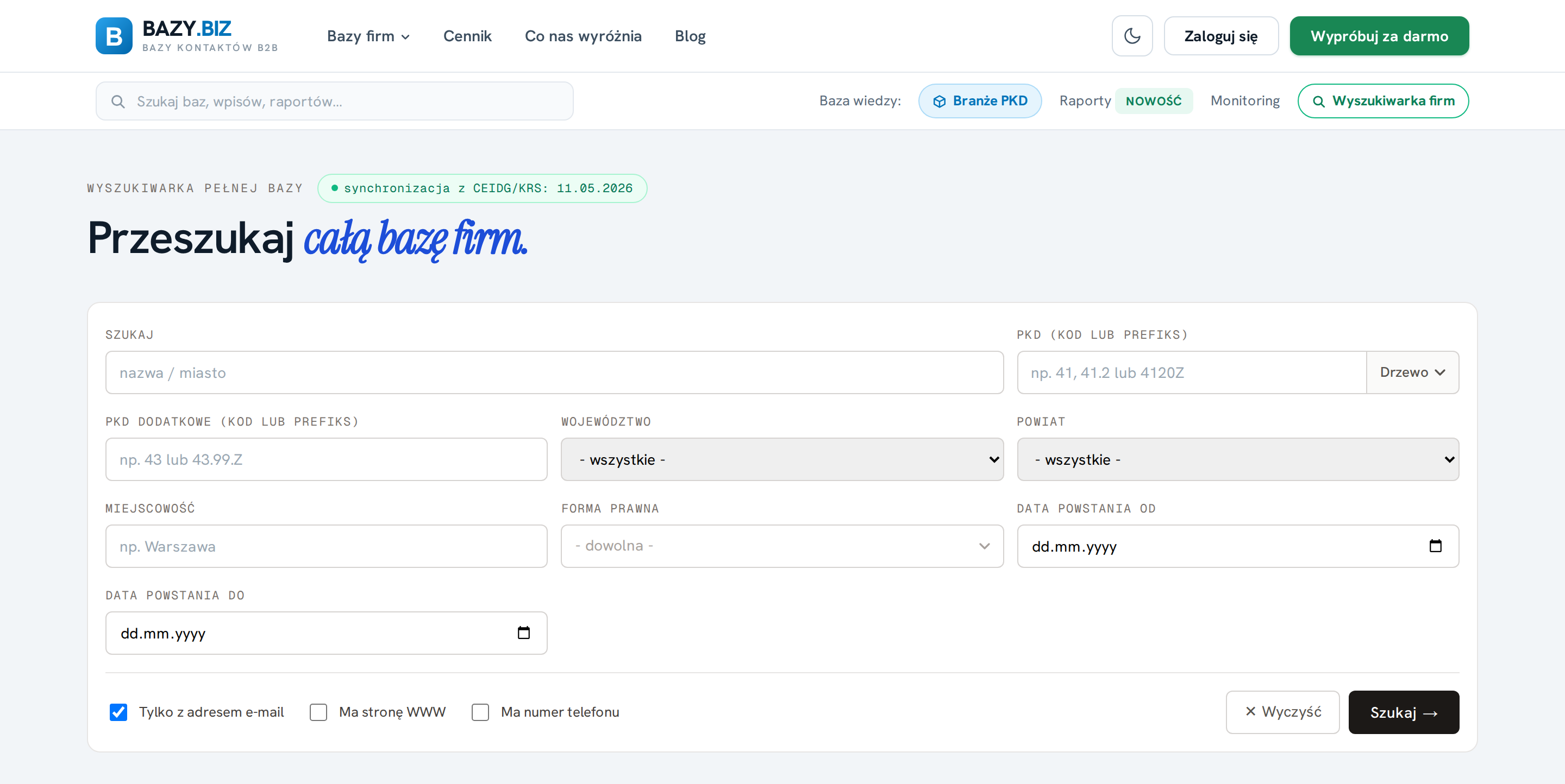 Wyszukiwarka firm bazy.biz: filtry PKD, wojew&oacute;dztwo, miasto i kontakt e-mail