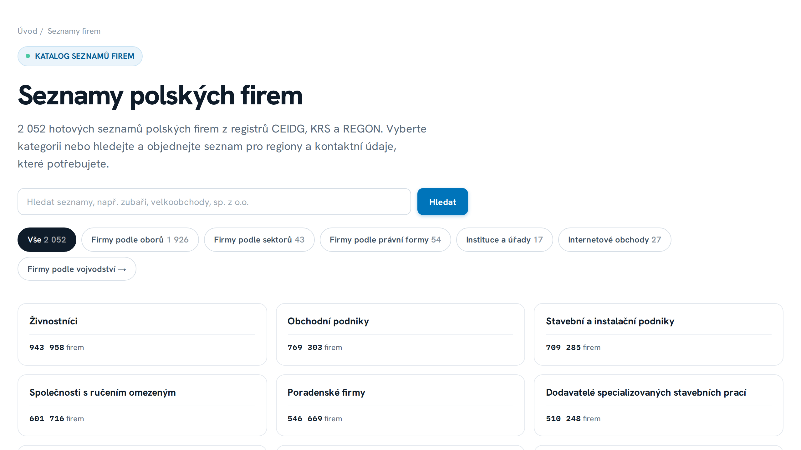 Katalog seznamů firem bazy.biz pro zahraniční zákazníky: obory, počet záznamů a kontaktní pole