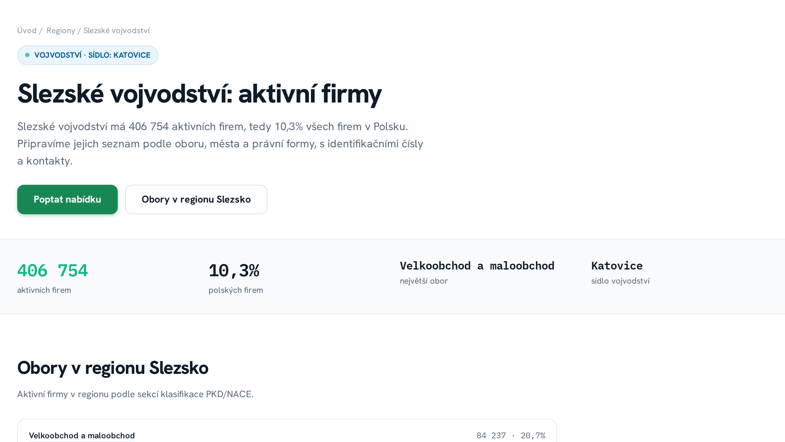 Stránka Slezského vojvodství na bazy.biz: počet firem, obory a statistika kontaktů