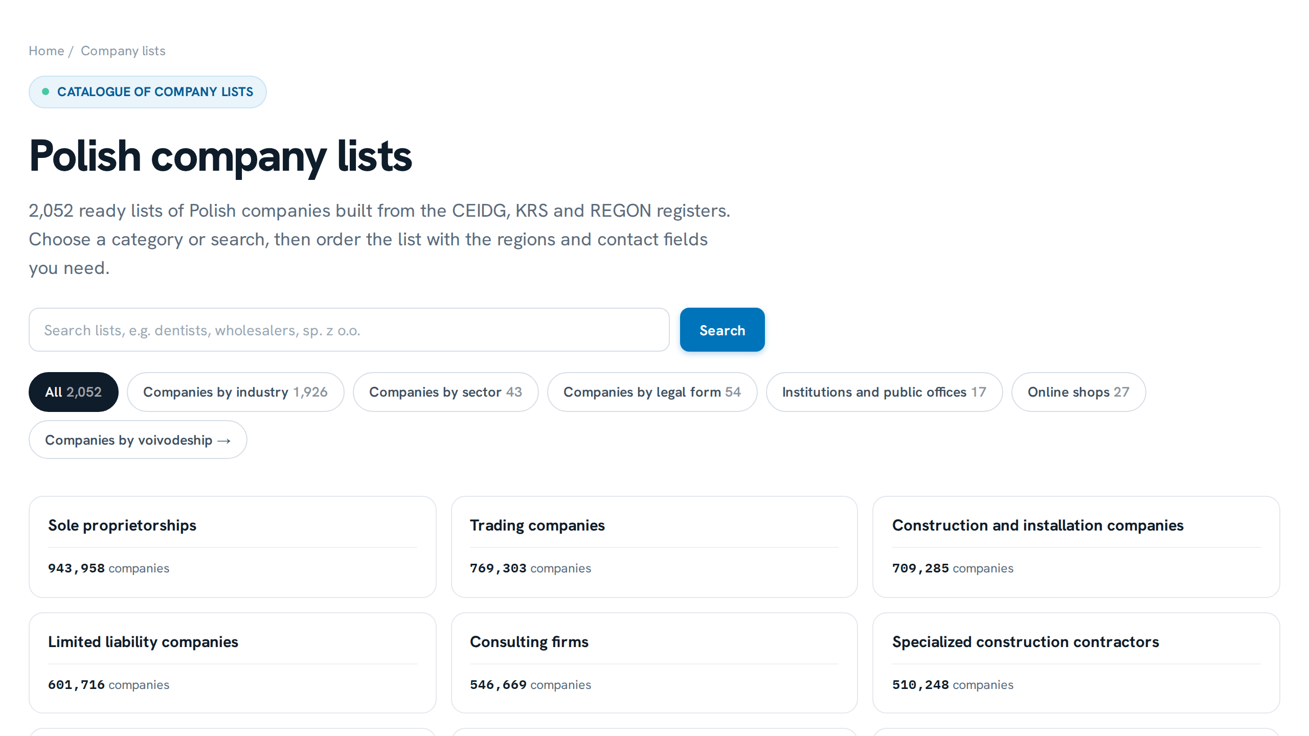 bazy.biz catalogue of company lists for international customers: industries, number of records and contact fields