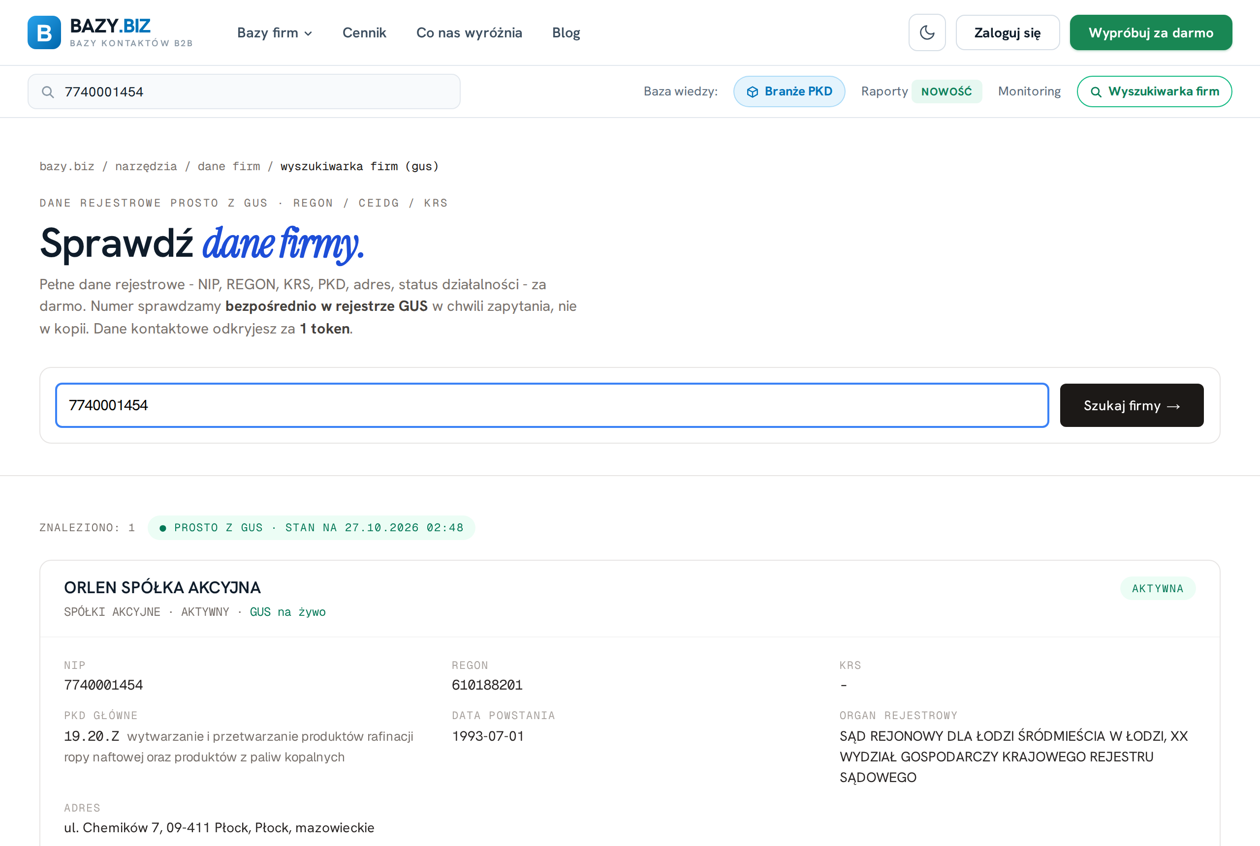 bazy.biz company lookup: registry data of a company fetched live from the GUS register by NIP