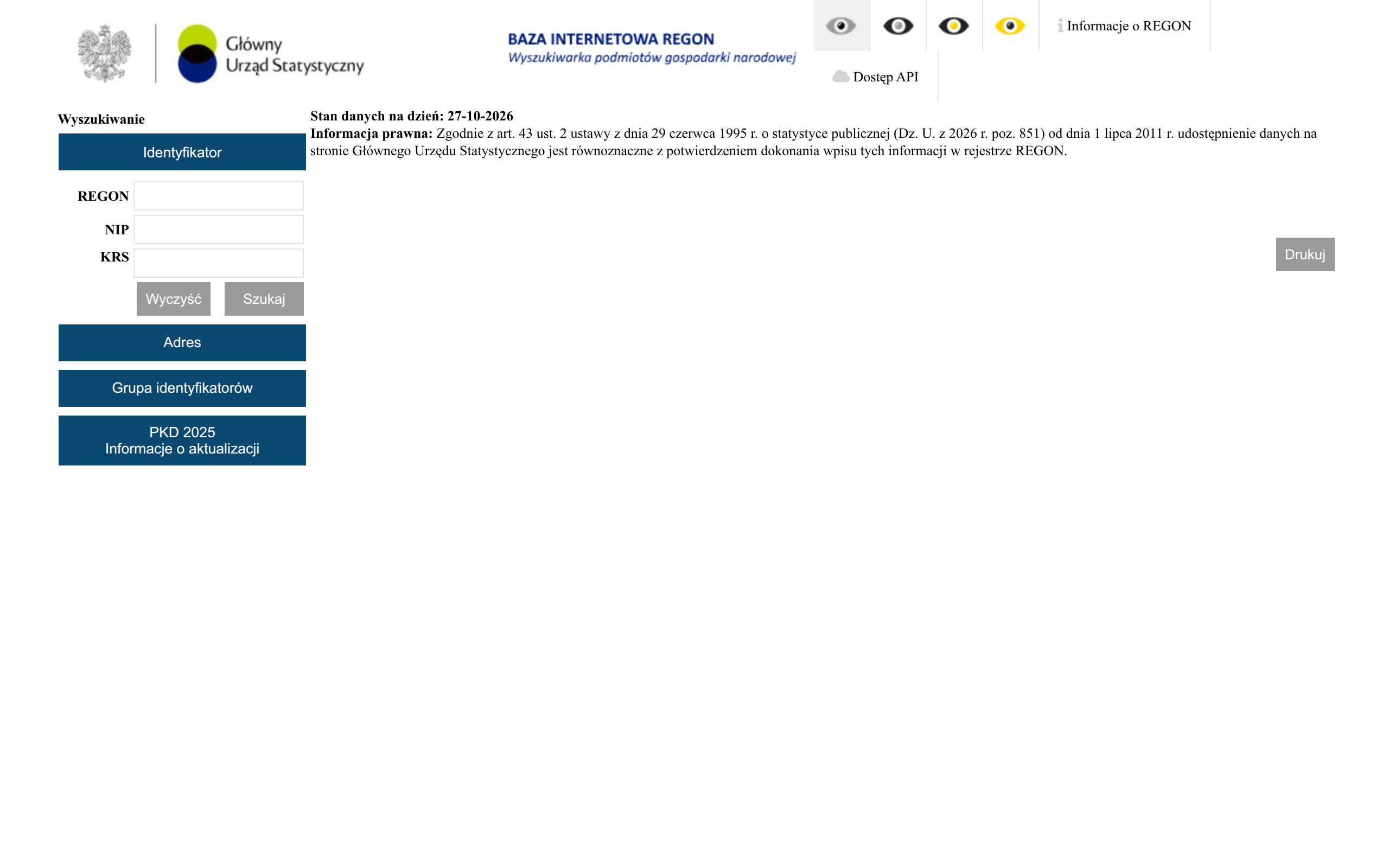 REGON search engine of Statistics Poland: search by REGON, NIP or KRS number