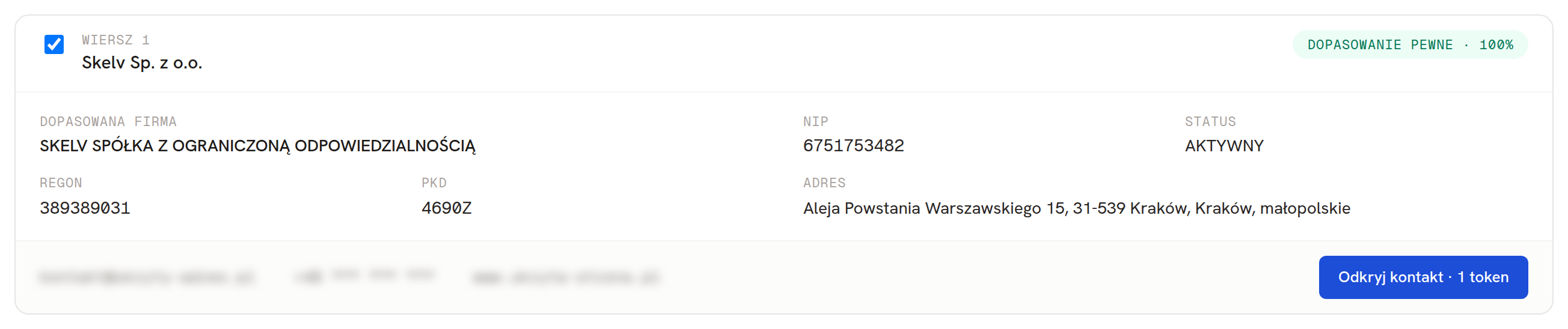 Wiersz z dopasowaniem pewnym: nazwa rejestrowa, NIP, REGON, PKD, adres i status firmy
