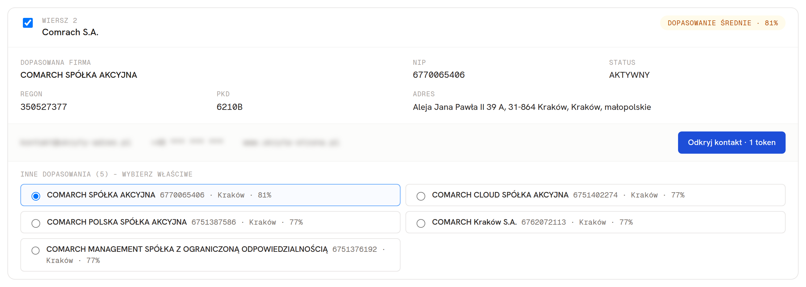 Lista wariant&oacute;w dopasowania dla niejednoznacznej nazwy firmy z wynikiem procentowym