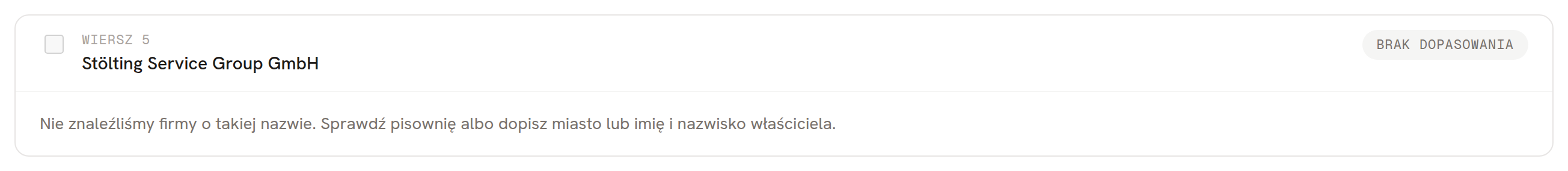 Wiersz bez dopasowania z podpowiedzią, co zrobić dalej
