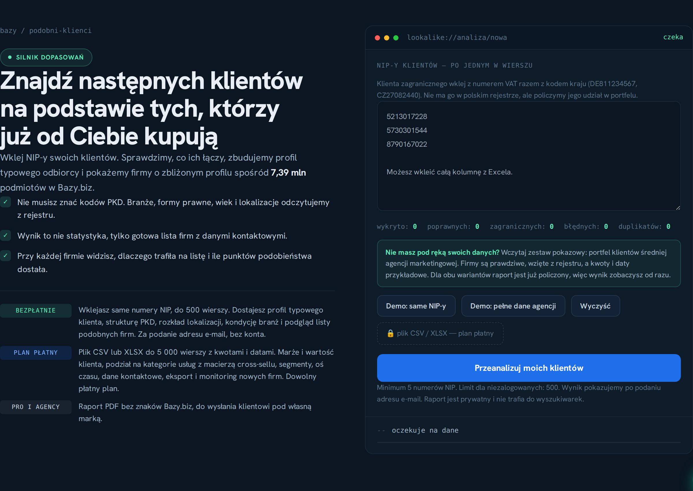 Ekran startowy modułu Znajdź podobnych klient&oacute;w w Bazy.biz: pole na numery NIP z licznikiem wykrytych, poprawnych i błędnych numer&oacute;w, przyciski z zestawem pokazowym oraz zablokowane wczytywanie pliku CSV i XLSX.