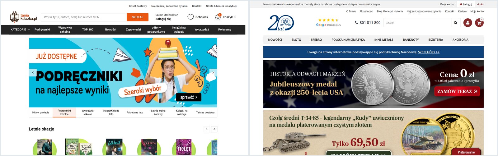 Strony gł&oacute;wne taniaksiazka.pl i skarbnicanarodowa.pl obok siebie