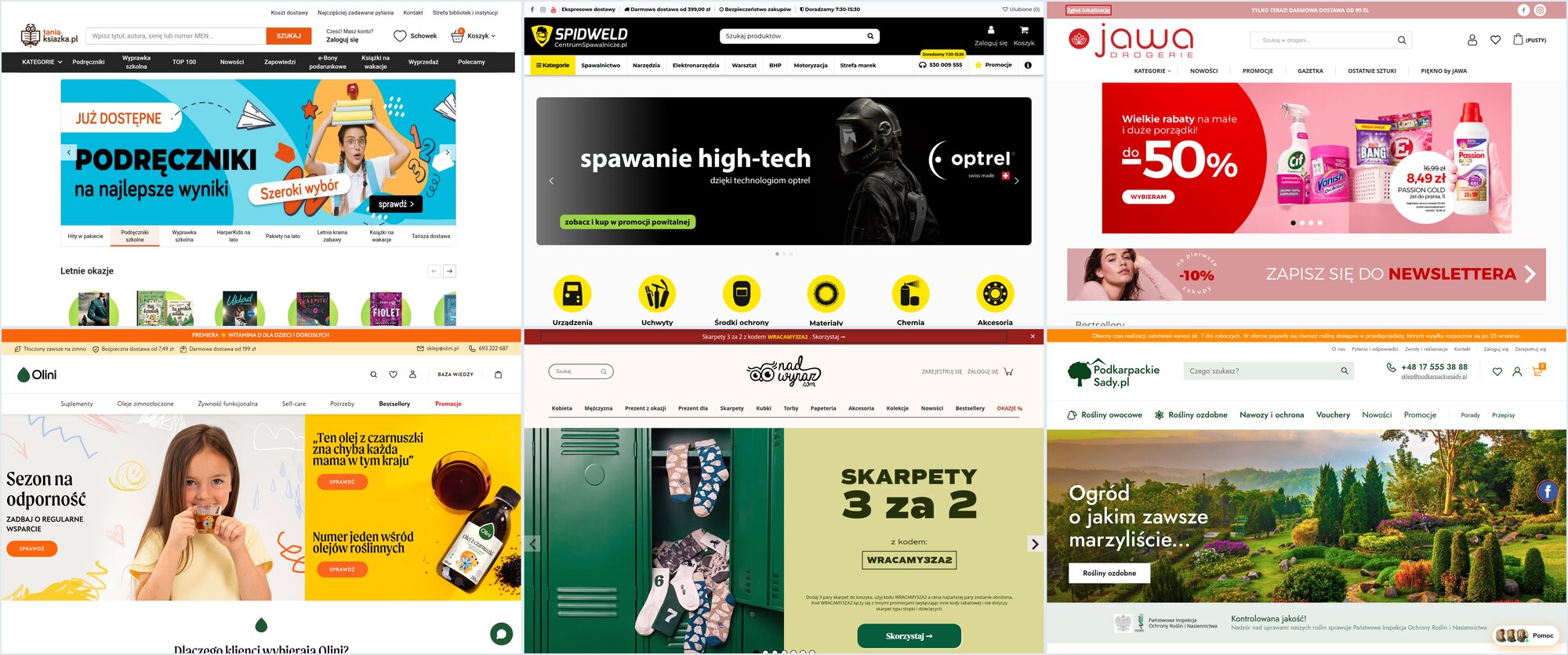 Kolaż stron gł&oacute;wnych: taniaksiazka.pl, centrumspawalnicze.pl, drogeriejawa.pl, olini.pl, nadwyraz.com, podkarpackiesady.pl