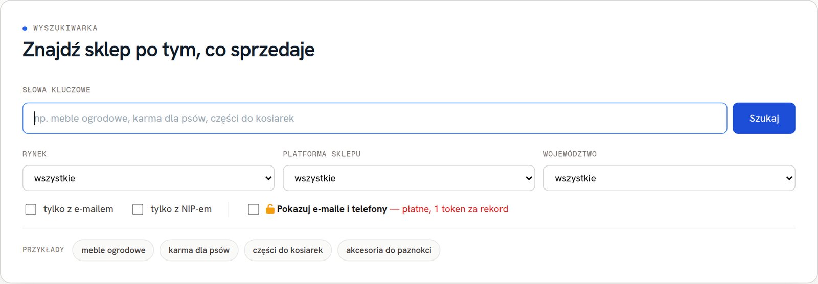 Wyszukiwarka bazy sklep&oacute;w internetowych na bazy.biz: szukanie po słowach kluczowych, rynku, platformie i wojew&oacute;dztwie