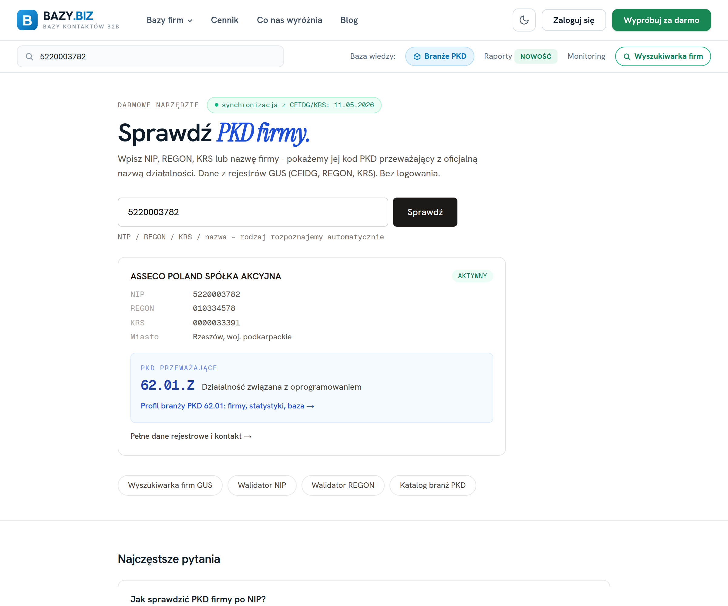 Sprawdzarka PKD na bazy.biz: wynik dla NIP 5220003782 z kodem PKD przeważającym 62.01.Z i nazwą działalności