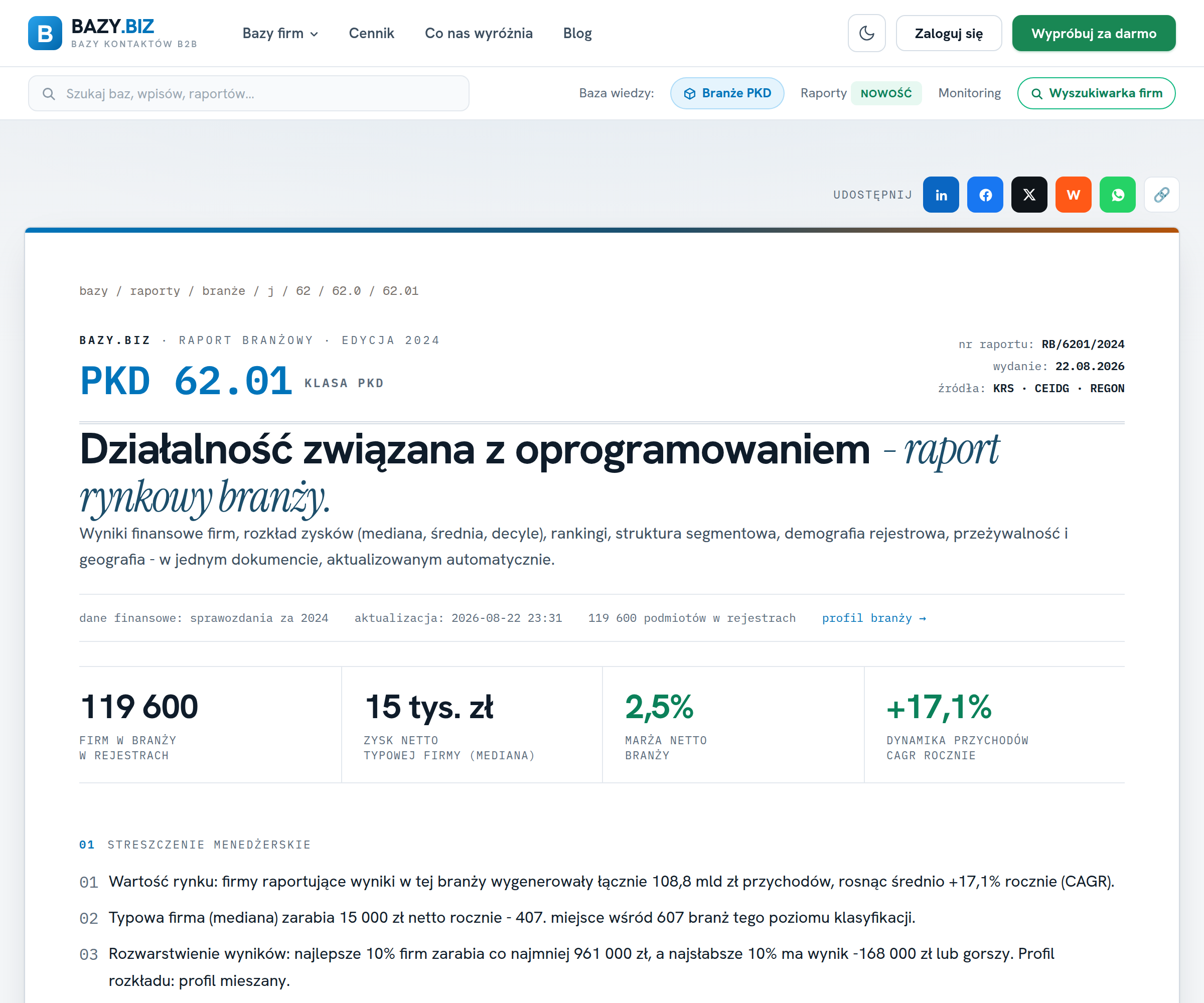Raport branżowy PKD 62.01 na bazy.biz: 119 600 podmiot&oacute;w, mediana zysku 15 tys. zł, marża netto 2,5%, dynamika przychod&oacute;w +17,1% rocznie