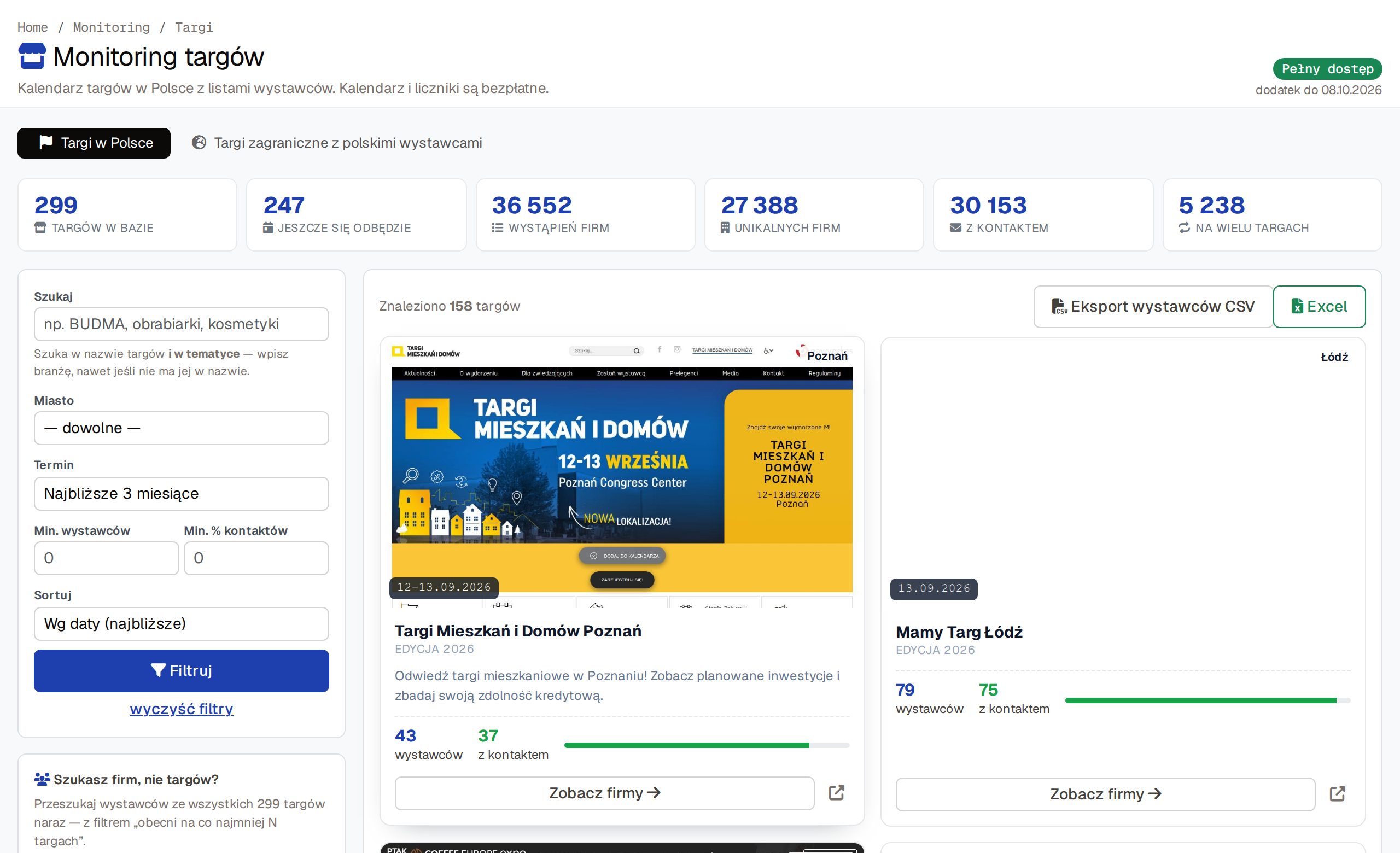 Kalendarz targ&oacute;w bazy.biz z filtrem najbliższe 3 miesiące posortowany po dacie
