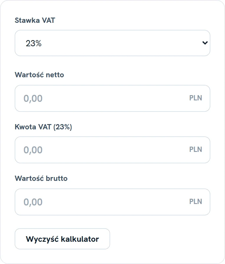 Formularz narzędzia Kalkulator VAT