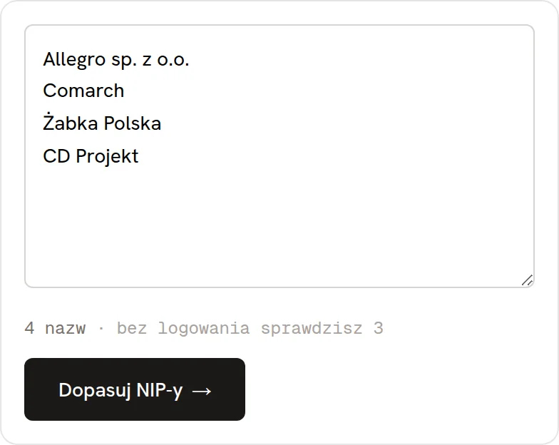 Formularz narzędzia Wyszukiwarka NIP po nazwie firmy