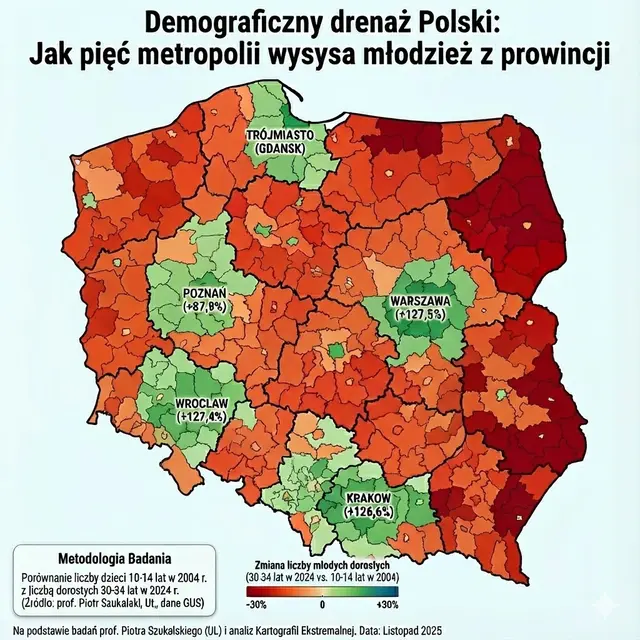 Demograficzny drenaż Polski: jak pięć metropolii wysysa młodych z 87% powiatów